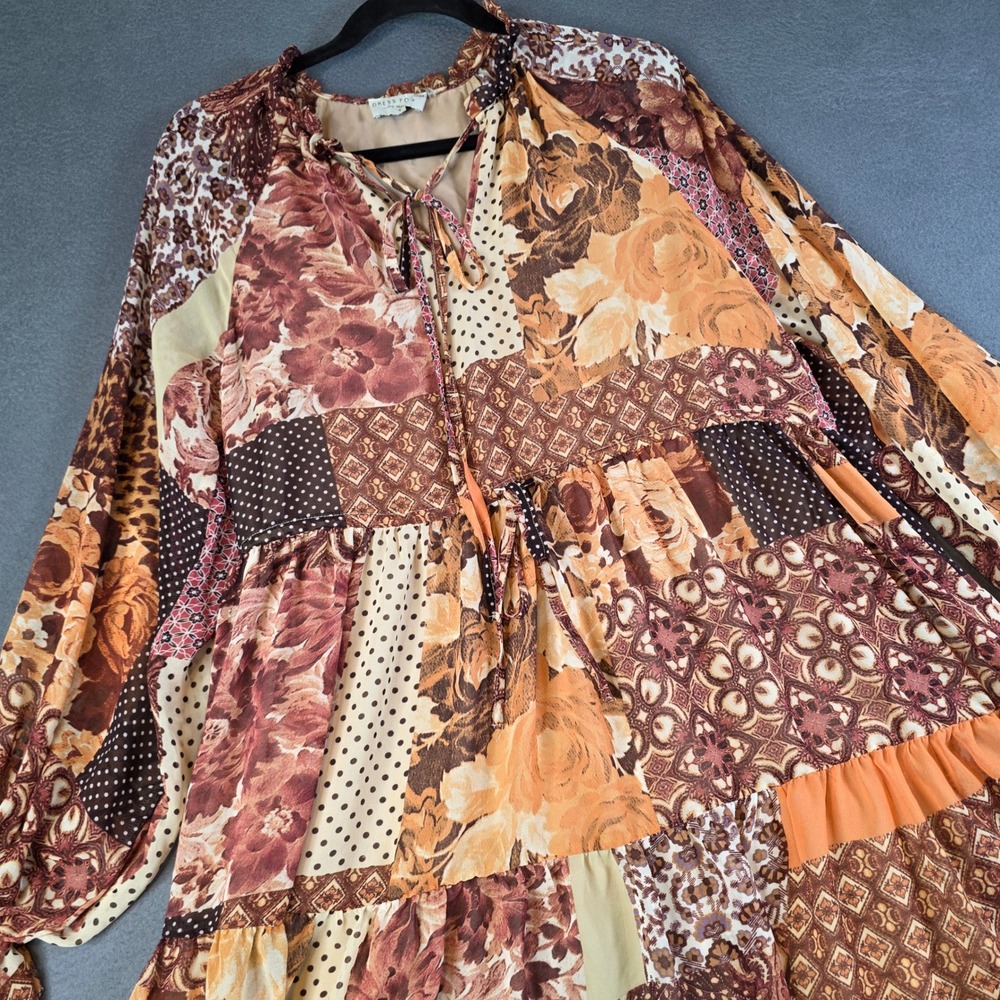Dress Forum Mini Dress Women Small Brown Patchwork Floral Polka Dot Tiered Boho